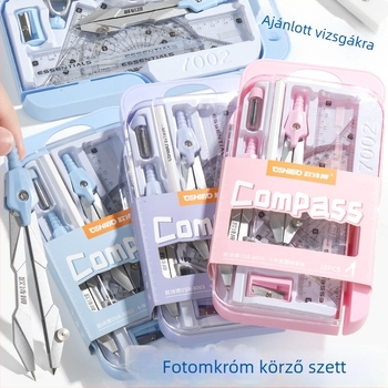 Tanulók geometriai készlet: körző, vonalzó, háromszög, fokmérő, radír és mechanikus ceruza