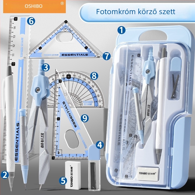 Tanulók geometriai készlet: körző, vonalzó, háromszög, fokmérő, radír és mechanikus ceruza