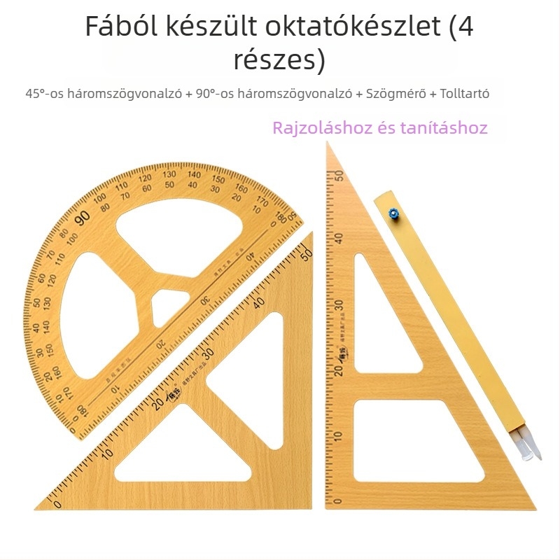 Fából készült oktatóeszközök készlet: háromszög alakú vonalzó, szögmérő, körző — 4 részes osztálytermi bemutató készlet