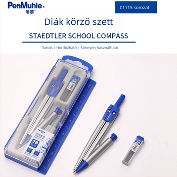 Penmu fém körző- és vonalzó készlet diákok számára automata ceruzával, három részes