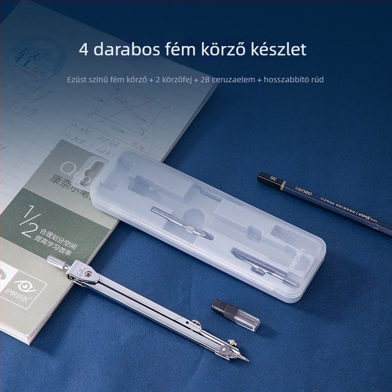 Deli 8603 Fém körző rozsdamentes acélcsővel, négy részes készlet gépészeti rajzhoz