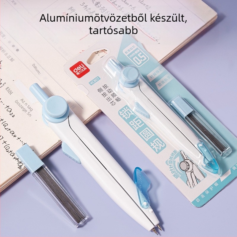 Deli VC807 zárható körző, forgó zármechanizmus, oldalsó nyomású tőkiemelő, diákok vizsgáinak