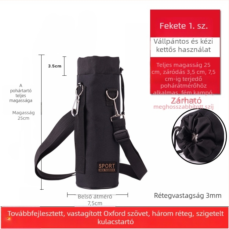 Oxford anyagból készült izolált palacktartó hüvely, vastagított, kopás- és ütésálló, kültéri crossbody hordozáshoz