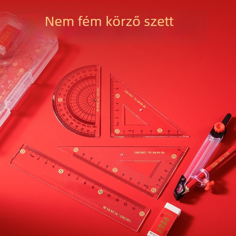 Deli VC899 7 részes fémmentes vonalzó- és körző készlet átlátszó tokban, vizsgákhoz