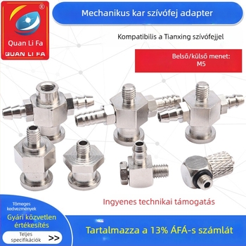 Robotkar kiegészítők: vákuumcsésze, nagy- és kisfejű, M5 menetes adapter, vas T-illeszték és könyökcsatlakozó, pneumatikus gyorscsatlakozó