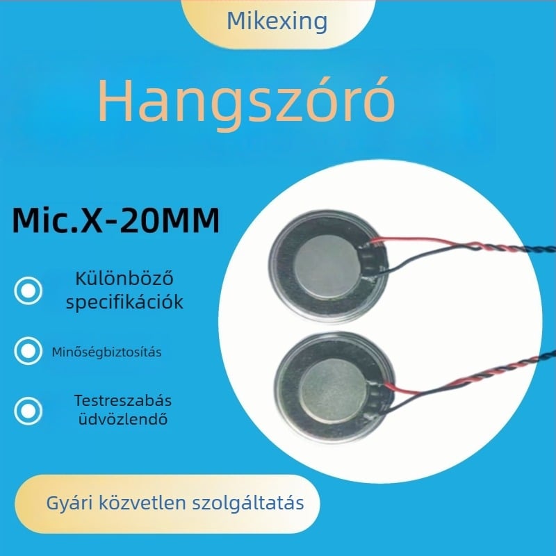 20 mm-es kompakt hangszóró belső mágneses áramkörrel, 8 Ω, 1–2 W, terminálvezetékekkel, biztonsági megfigyeléshez és hangos értesítésekhez, erőteljes mély hang