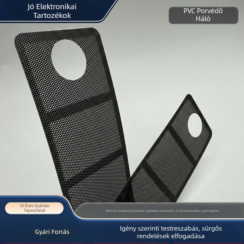 Fekete PVC porvédő háló PC hangszórókhoz, hálófedél hűtőnyílással és önragasztó hátoldallal, ventilátorfedél