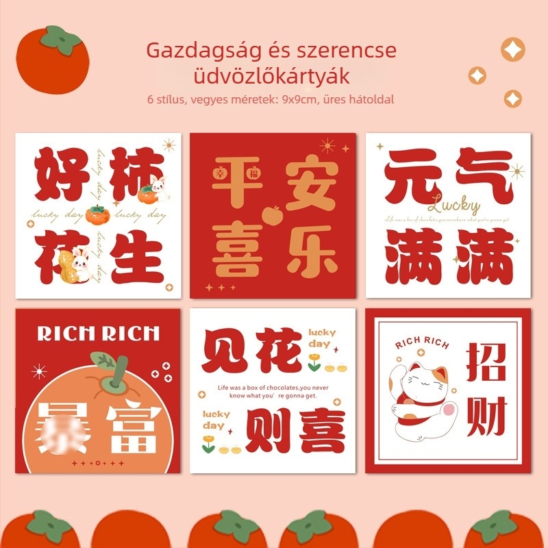 Szerencse és gazdagság üdvözlőlap Tavaszi Fesztiválra és Új Évre – kézzel írt díszítő kártya