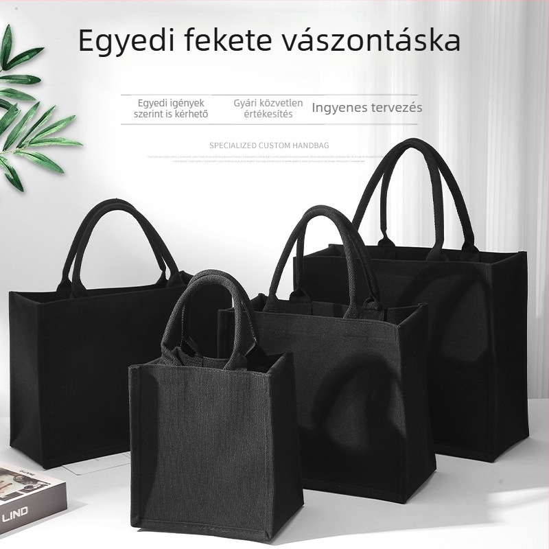 Egyedi fekete vászon tote táska nagy kapacitással és strukturált dizajnnal
