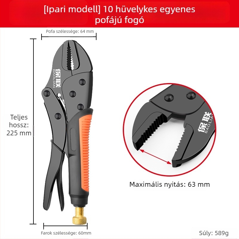 Ipari kategóriás többfunkciós fogó kerek állkapcssal, C-típusú automata rögzítés és sík fej a gyors záráshoz