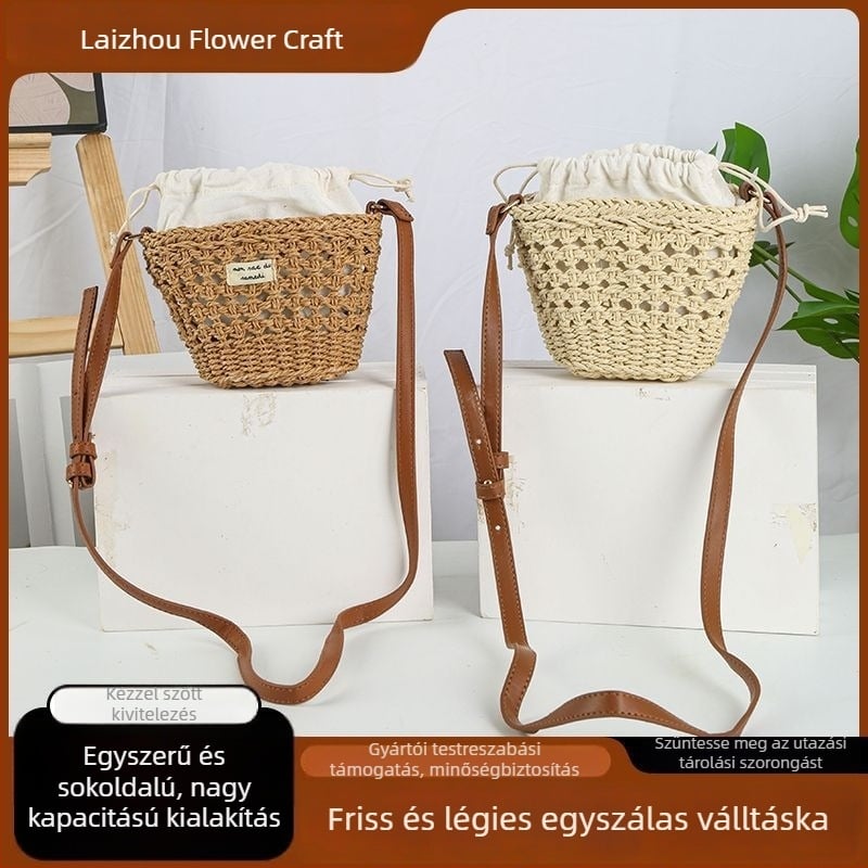 Kedves vödrös alakú válltáska szalmafonatból, áttört mintával, friss minimalist stílus