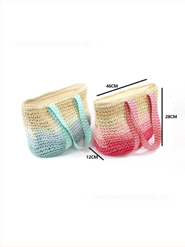 Női gradient színű tote táska vállpánttal, szövött, nagy kapacitású, strandra és nyaralásra, színblokkal