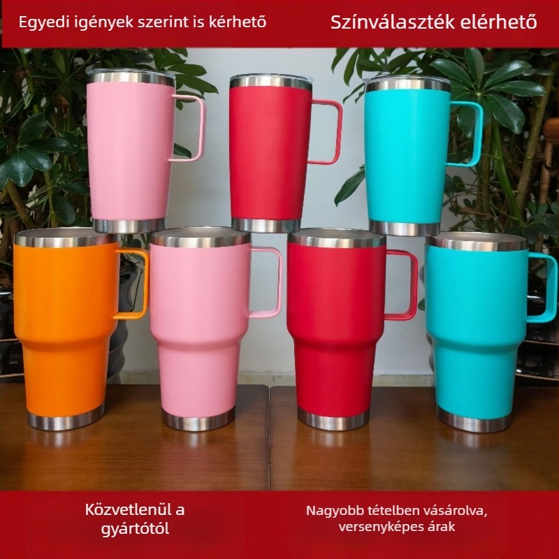 Új modell: 20oz-os nagy kapacitású rozsdamentes acél autópohár fogantyúval és szívószállal – belső 304, külső 201, vákuum szigetelés