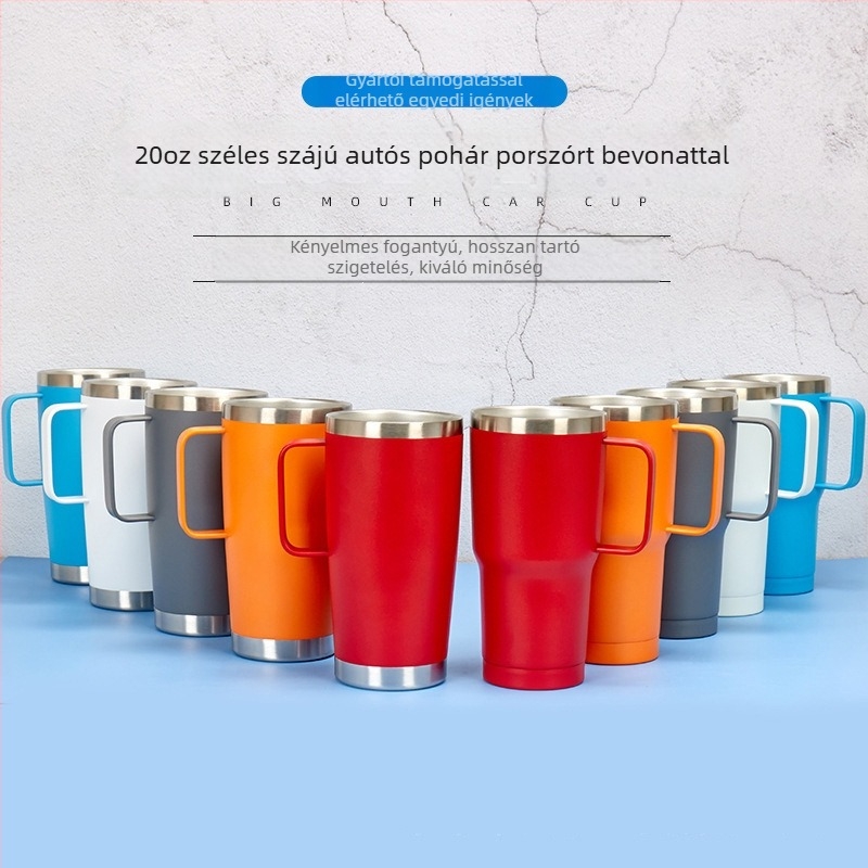 Új modell: 20oz-os nagy kapacitású rozsdamentes acél autópohár fogantyúval és szívószállal – belső 304, külső 201, vákuum szigetelés