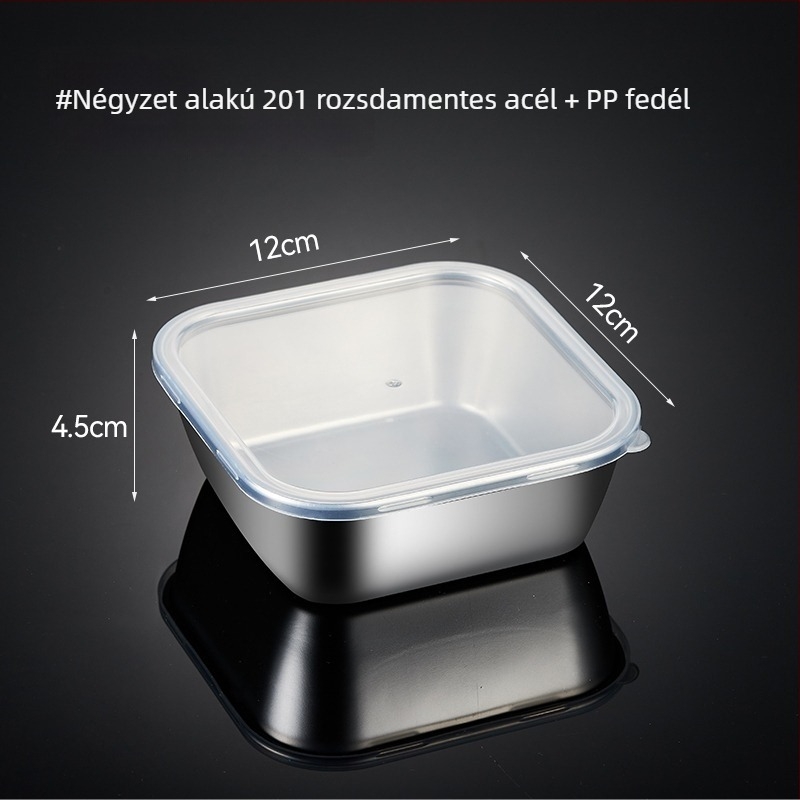 Négyzet alakú rozsdamentes acél élelmiszer-minta doboz fedővel, iskolai menzák és óvodák számára, 304.