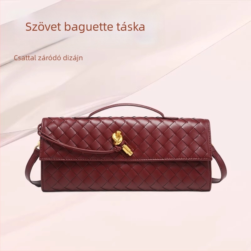 Női PU bőrtáska, szövött felülettel, egy vállpánttal, vízszintes baguette forma, estélyi vagy mindennapi használatra