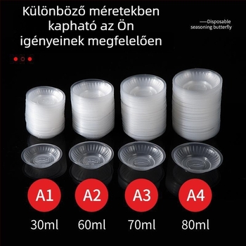 Egyszer használatos, kerek, átlátszó műanyag mártótál szószokhoz és fűszerekhez