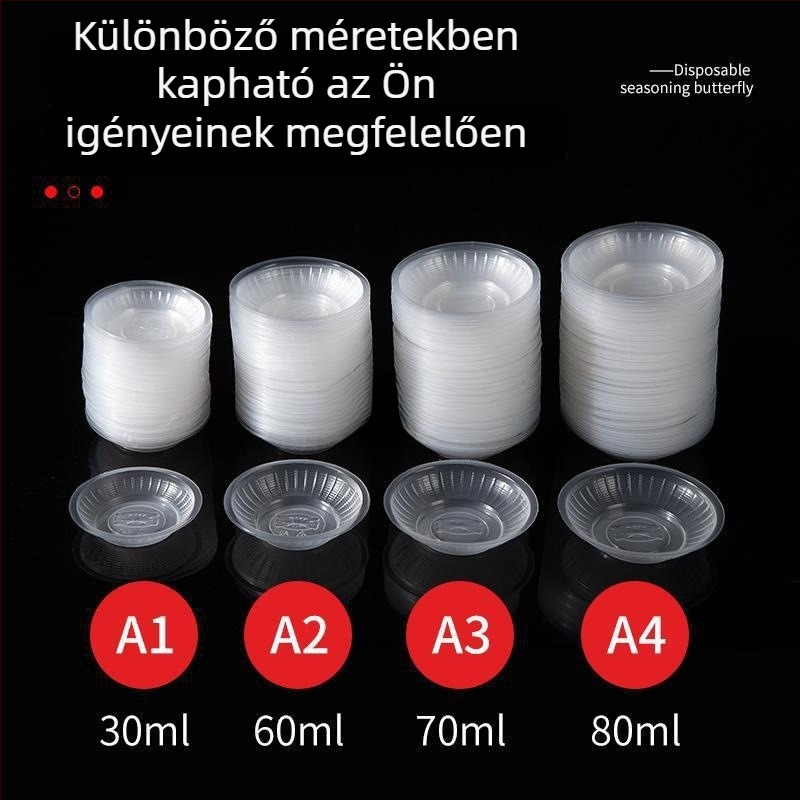 Egyszer használatos, kerek, átlátszó műanyag mártótál szószokhoz és fűszerekhez