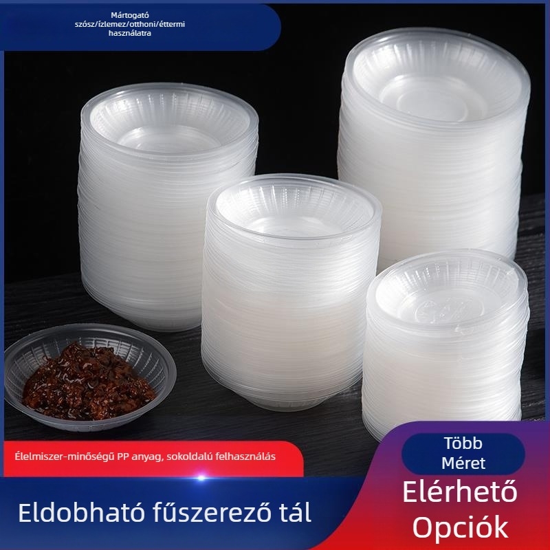 Egyszer használatos, kerek, átlátszó műanyag mártótál szószokhoz és fűszerekhez