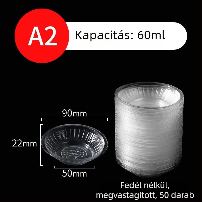 Egyszer használatos, kerek, átlátszó műanyag mártótál szószokhoz és fűszerekhez