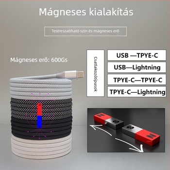 Mágneses töltőkábel mágneses tárolóval, kompatibil USB Type-C és Apple adatkábelekkel, gyors töltés, szövött kivitel, hosszúság 1–2 m