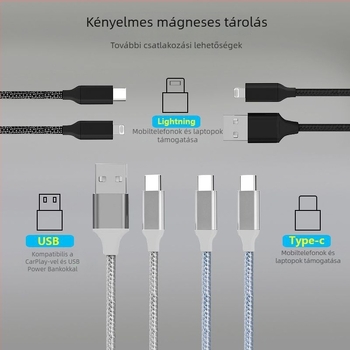 Mágneses töltőkábel mágneses tárolóval, kompatibil USB Type-C és Apple adatkábelekkel, gyors töltés, szövött kivitel, hosszúság 1–2 m