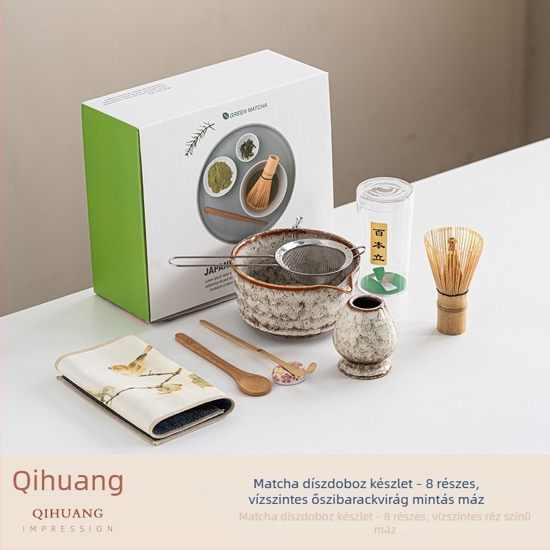 Japán stílusú bambusz matcha tál, teakeverő eszközökkel és teaceremónia kiegészítőkkel