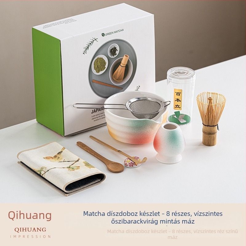 Japán stílusú bambusz matcha tál, teakeverő eszközökkel és teaceremónia kiegészítőkkel