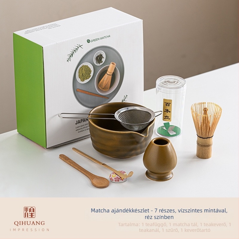 Japán stílusú bambusz matcha tál, teakeverő eszközökkel és teaceremónia kiegészítőkkel