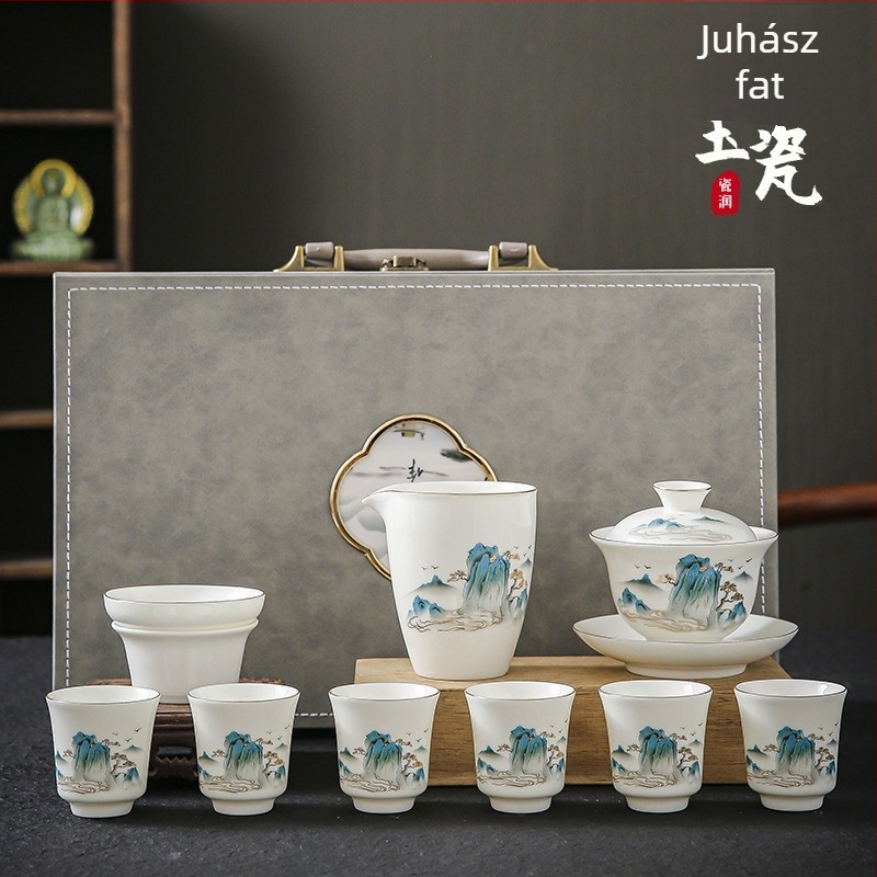 Fehér porcelánból készült Kung Fu teáskészlet fedeles tálakkal és teáscsészékkel, otthoni használatra, luxus ajándékdoboztban