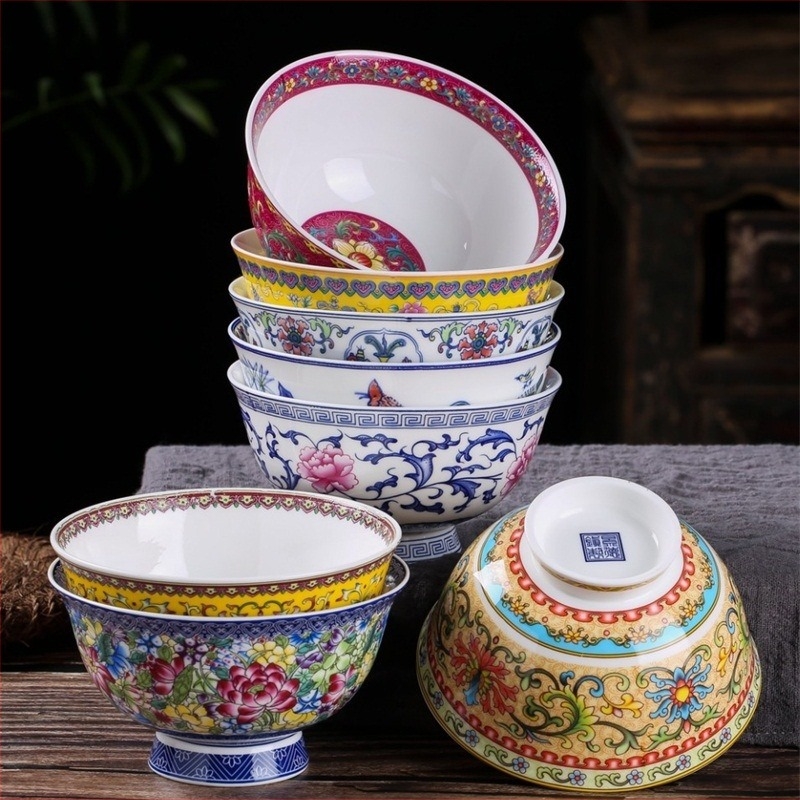Csontporcelánból készült, e-majl kerámia tálak készlet, magas lábakkal, hővédő glazúrral, kerek forma, virágos mintával, tradicionális kínai stílus, átmérő 12–12,9 cm