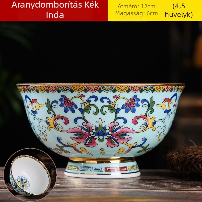 Csontporcelánból készült, e-majl kerámia tálak készlet, magas lábakkal, hővédő glazúrral, kerek forma, virágos mintával, tradicionális kínai stílus, átmérő 12–12,9 cm