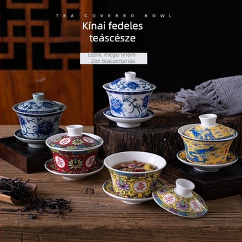 Kerámiából készült gaiwan teáskészlet sárga Shuanglong sárkányokkal, nagy kék-fehér porcelán, három darabból álló gaiwan fedéllel, logó testreszabás