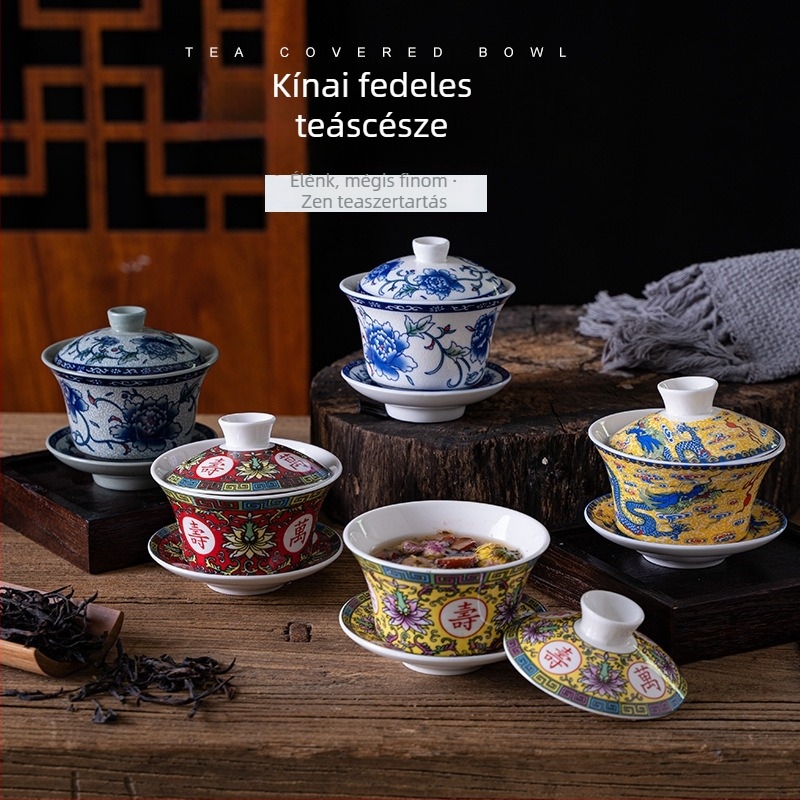 Kerámiából készült gaiwan teáskészlet sárga Shuanglong sárkányokkal, nagy kék-fehér porcelán, három darabból álló gaiwan fedéllel, logó testreszabás