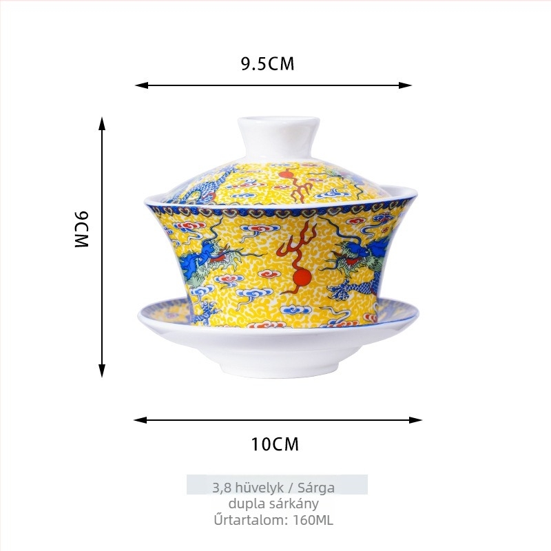 Kerámiából készült gaiwan teáskészlet sárga Shuanglong sárkányokkal, nagy kék-fehér porcelán, három darabból álló gaiwan fedéllel, logó testreszabás