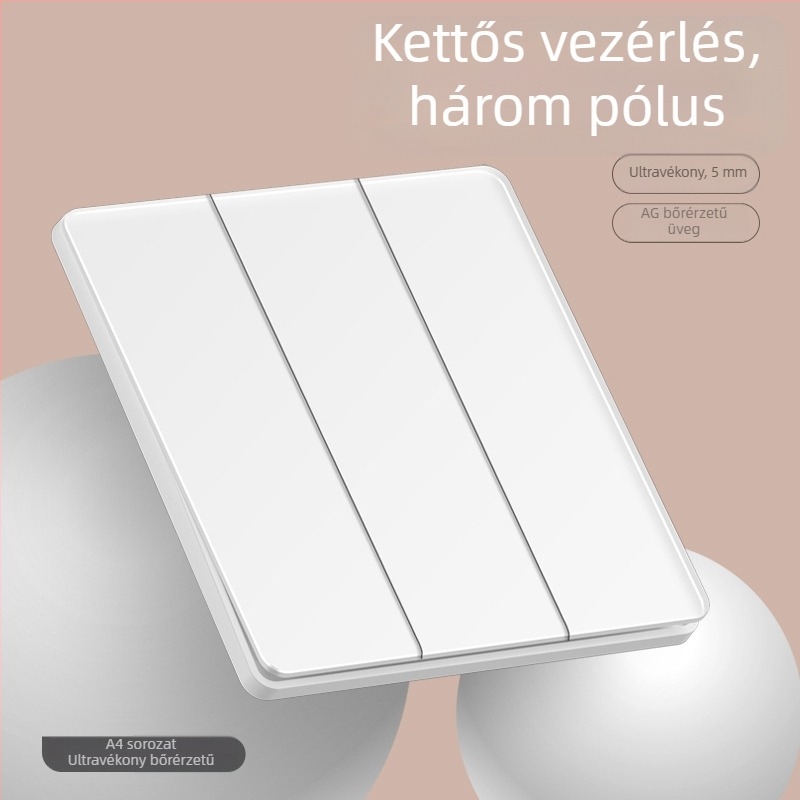 86 típusú ultra vékony tükrös edzett üvegből készült falra szerelhető kapcsoló — 1‑gang, 5 lyukas, 16A 3‑pólusú aljzat