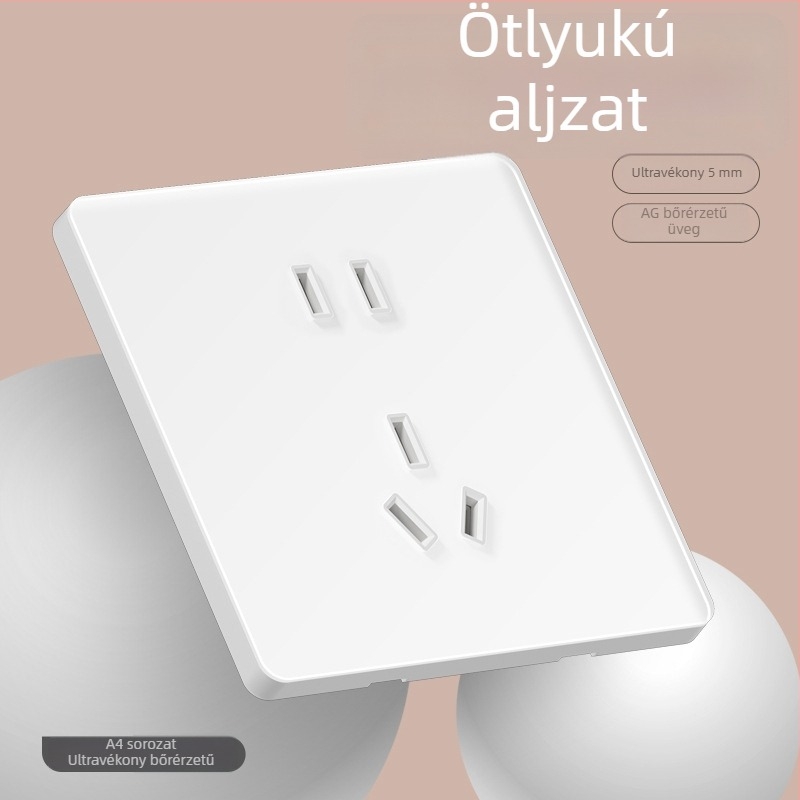 86 típusú ultra vékony tükrös edzett üvegből készült falra szerelhető kapcsoló — 1‑gang, 5 lyukas, 16A 3‑pólusú aljzat