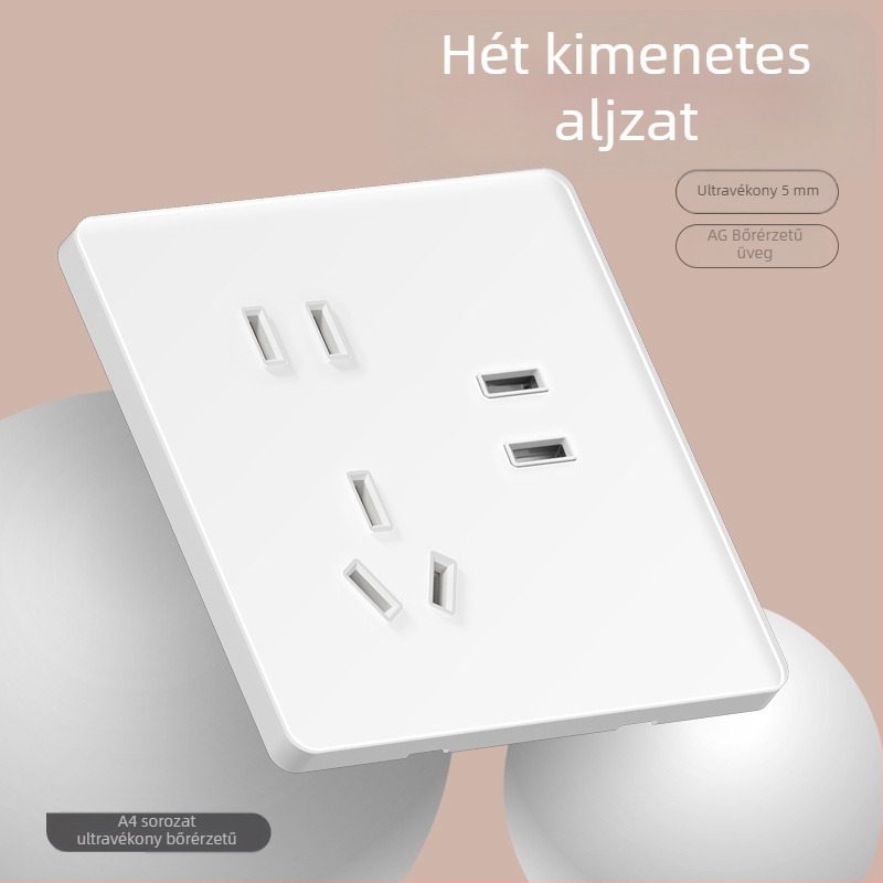 86 típusú ultra vékony tükrös edzett üvegből készült falra szerelhető kapcsoló — 1‑gang, 5 lyukas, 16A 3‑pólusú aljzat