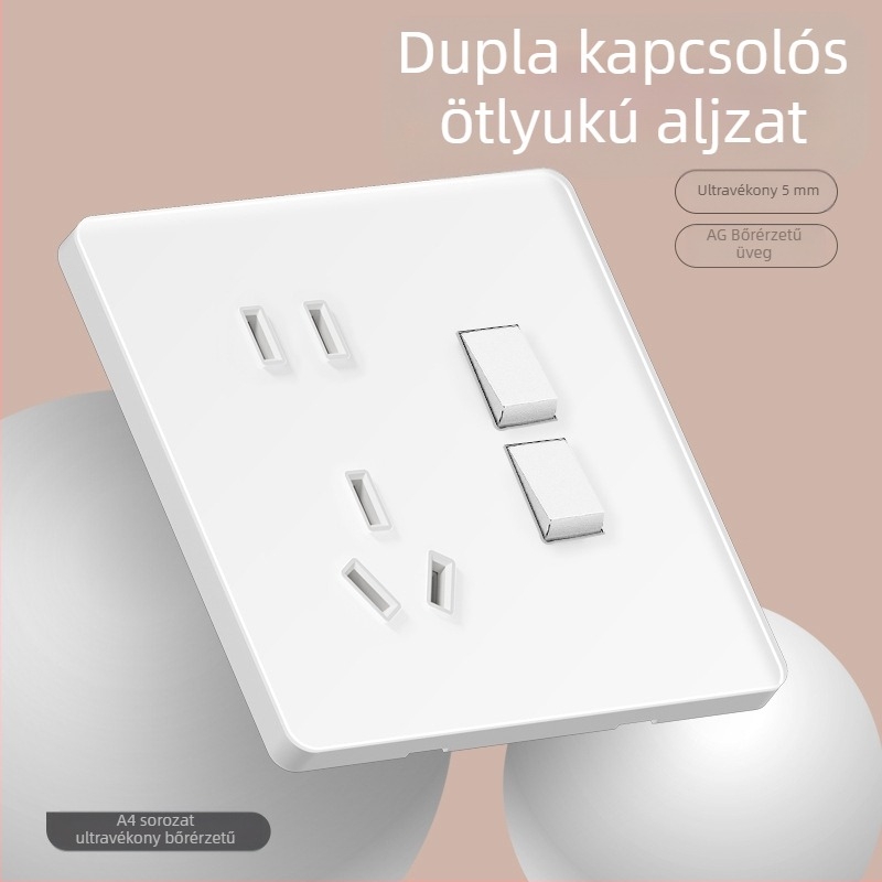 86 típusú ultra vékony tükrös edzett üvegből készült falra szerelhető kapcsoló — 1‑gang, 5 lyukas, 16A 3‑pólusú aljzat