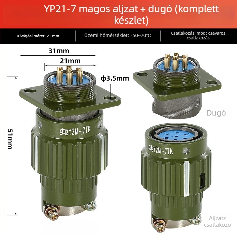 Repülési csatlakozó, férfi és női, ipari aljzat Y2M, 2/3/4/5/7/10/14 maggal, kattanó csatlakozó