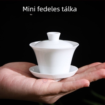 Három darabos fehér kerámia teás tál fedővel, sancai glazúrral, logó testre szabható