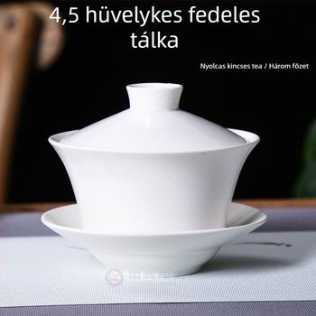 Három darabos fehér kerámia teás tál fedővel, sancai glazúrral, logó testre szabható