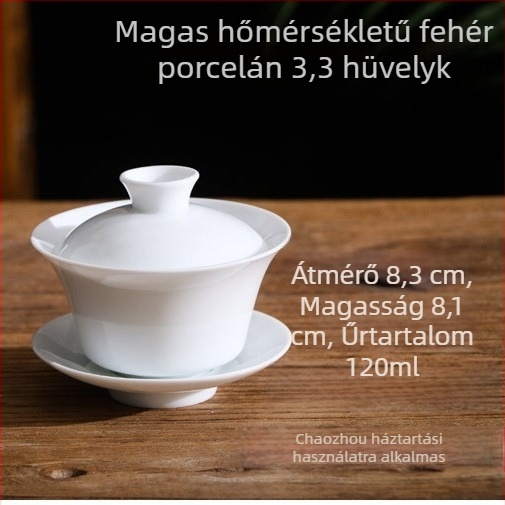 Három darabos fehér kerámia teás tál fedővel, sancai glazúrral, logó testre szabható