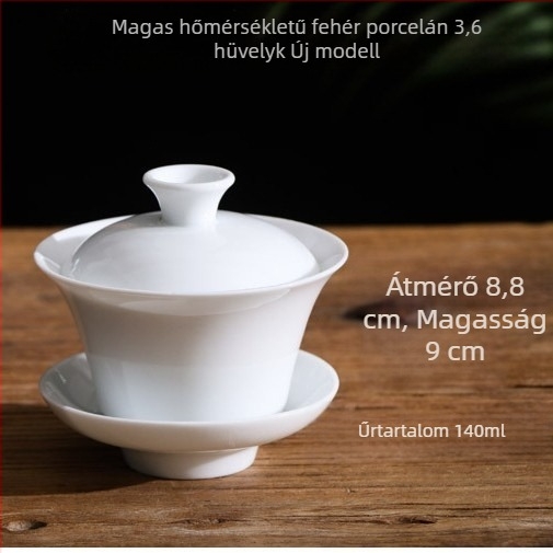 Három darabos fehér kerámia teás tál fedővel, sancai glazúrral, logó testre szabható