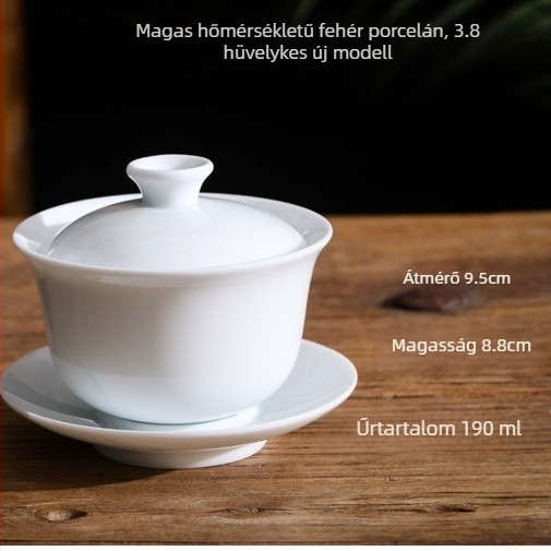 Három darabos fehér kerámia teás tál fedővel, sancai glazúrral, logó testre szabható