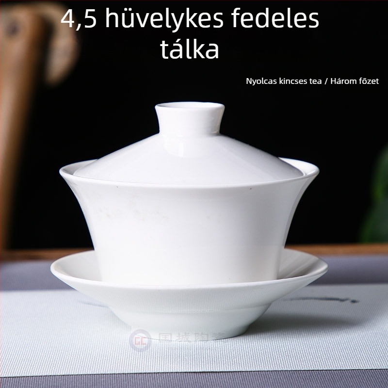 Három darabos fehér kerámia teás tál fedővel, sancai glazúrral, logó testre szabható