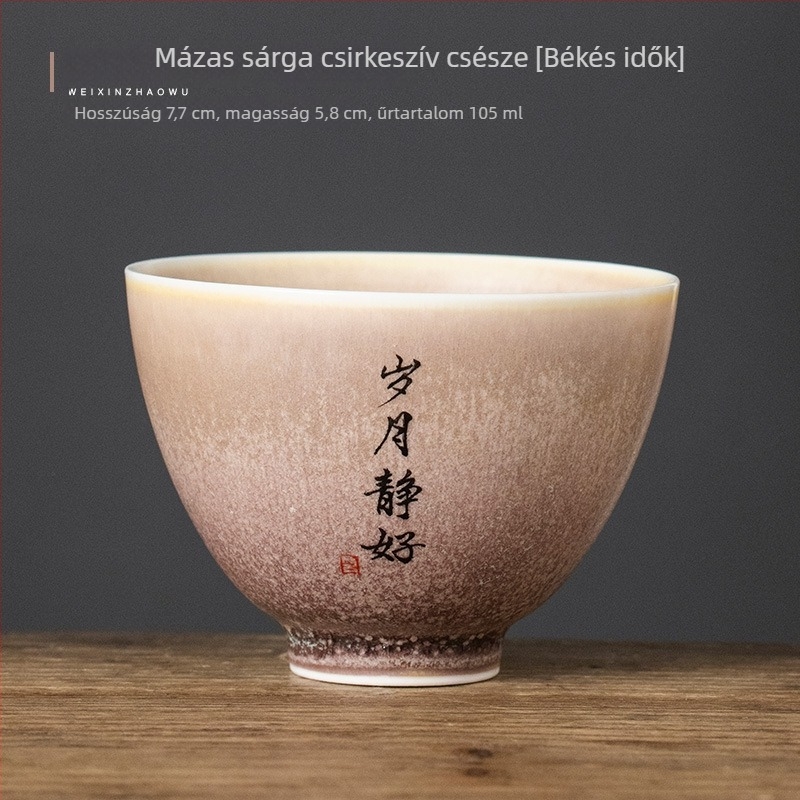 Kemencés glazúrozású sárga csirke-szív alakú kerámia teáscsésze, lux Gongfu teáskészlet, személyes használatra