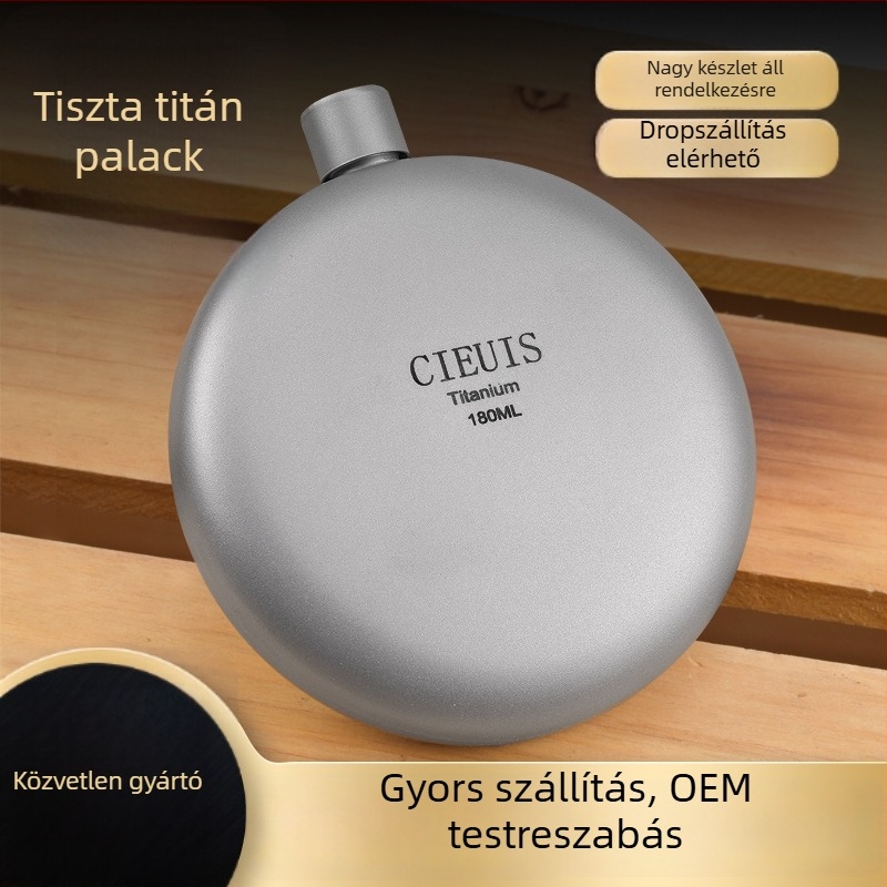 CIEUIS tiszta titánból készült 180 ml kör alakú hordozható flaska, kültéri használatra, EDC