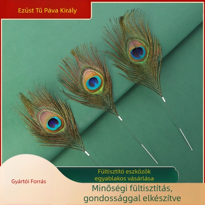 Pávaszőr fültisztító eszköz, nagy méret, kb. 26 cm, zöld