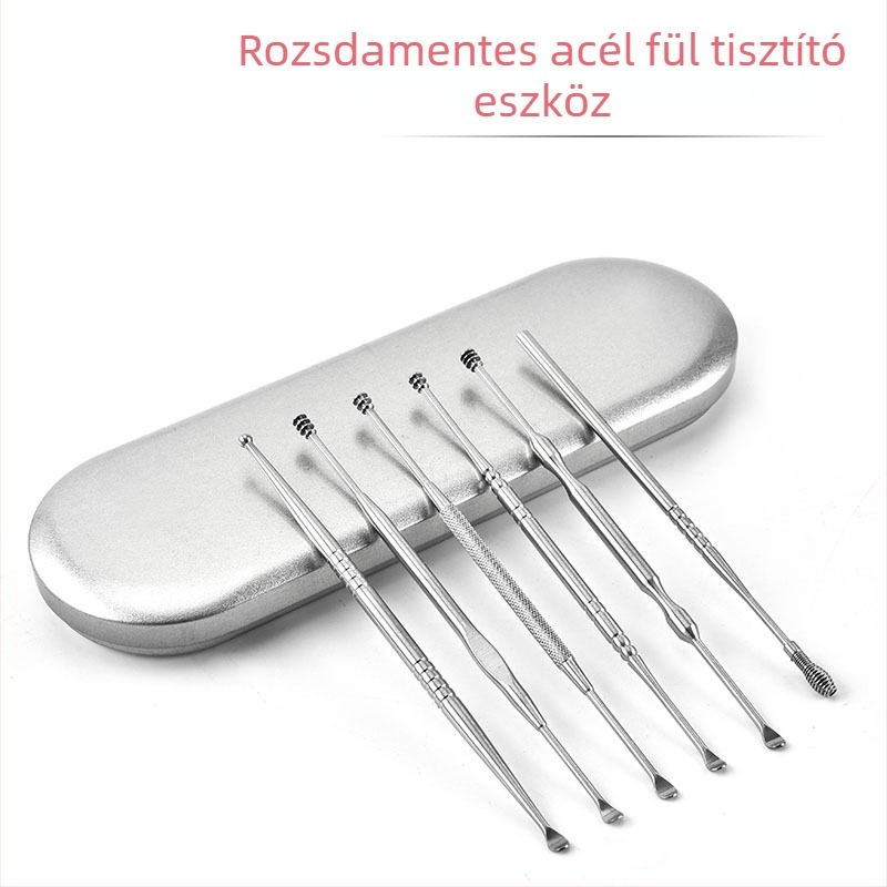 Rozsdamentes acélból készült 6 darabos fülpiszkáló készlet dupla fejjel, multifunkcionális fültisztításra
